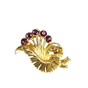 Vintage Gold Tone Brooch with Purple Rhinestones Floral Design